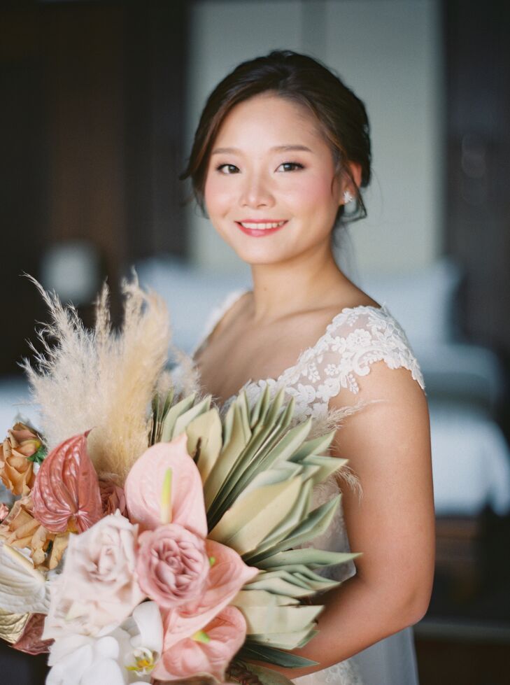 Bride with Anthurium and Pampas Grass Wedding Bouquet