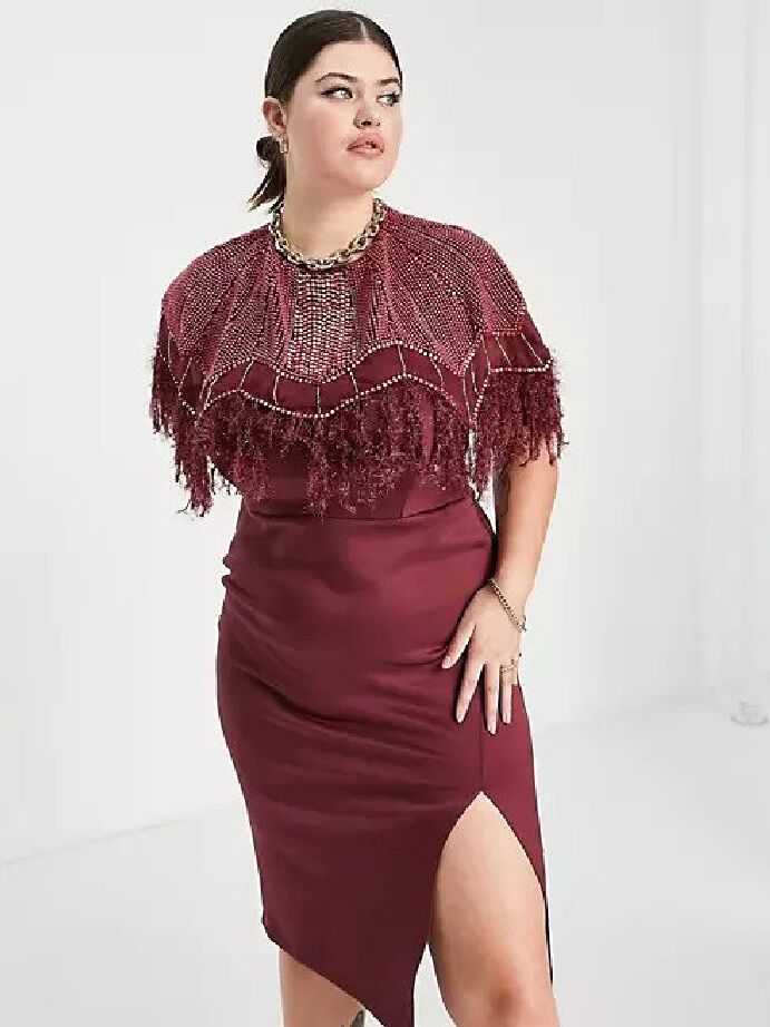 Red winter wedding guest dress with feathered cape