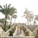 Up-Aisle View, Father in Tan Suit Escorting Bride, Stone Walkway Aisle, Palm Trees, Pampas and Orchids