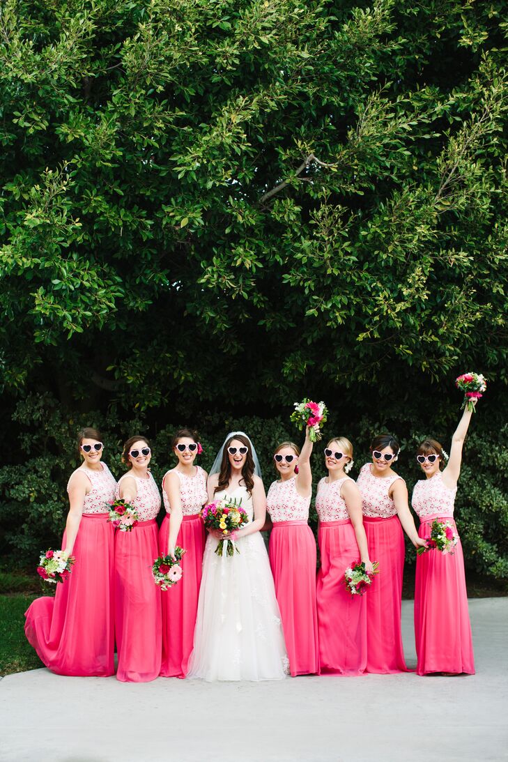 "I knew I wanted the bridesmaid dresses to fun—and pink," says Amanda, who chose bright fuchsia gowns from Lela Rose with a lively pattern on top.