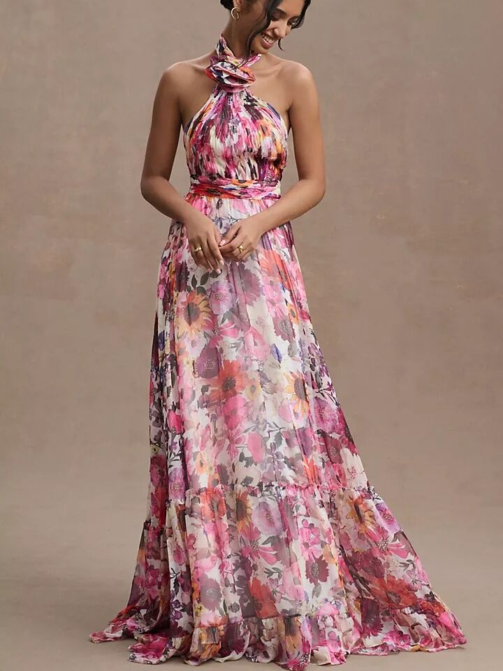 A Mac Duggal pink floral tie halter neck maxi dress from Anthropologie
