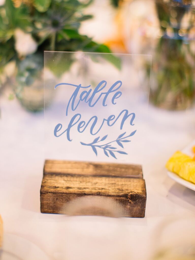 Acrylic wedding table number with wooden stand