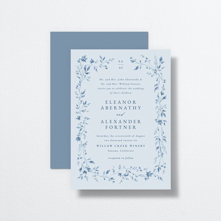 Blue wedding invitations with floral border