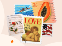 Collage of various stamps for wedding invitations