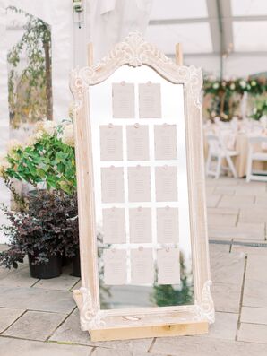 Escort Cards on Mirror at Garden Wedding