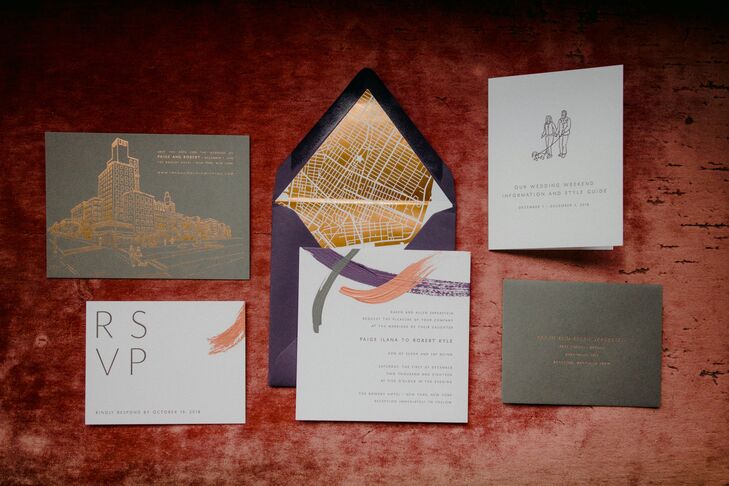 Glamorous Urban Invitations with Gray, Purple and Gold