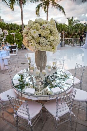 Mirrored Dining Tables with Dramatic Hydrangea Centerpiece