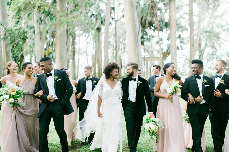 Neutral Bridesmaid Dresses and Black Tuxedos
