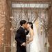 Cherry blossom branches in tall glass vases provided the backdrop for the ceremony.