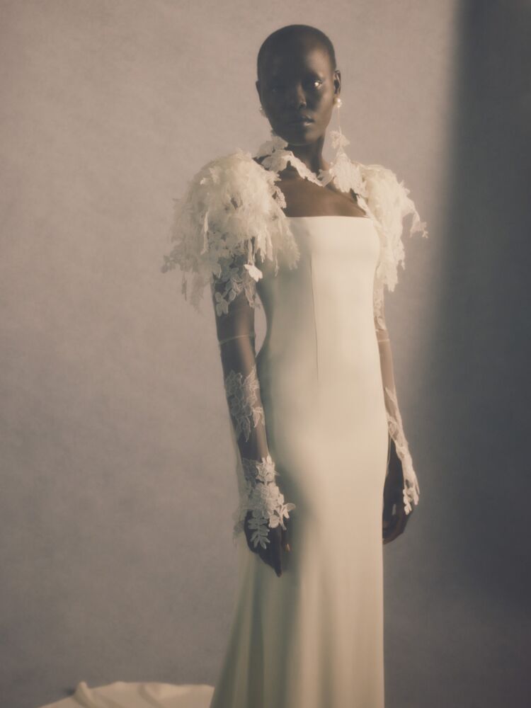 Danielle Frankel sheath with square neck and lace sleeves