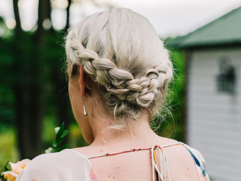 Bridesmaid updo braided halo