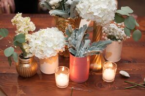 Mismatched Hydrangea and Dusty Miller Centerpieces With Candles