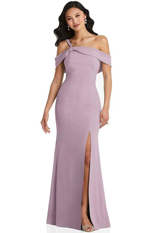 Dessy Group One-Shoulder Draped Cuff Maxi Dress with Front Slit - 6847 One Shoulder Bridesmaid Dress - 1