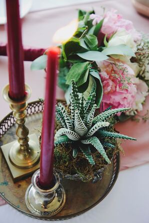 Vintage Gold Decor, Succulents and Burgundy Candles