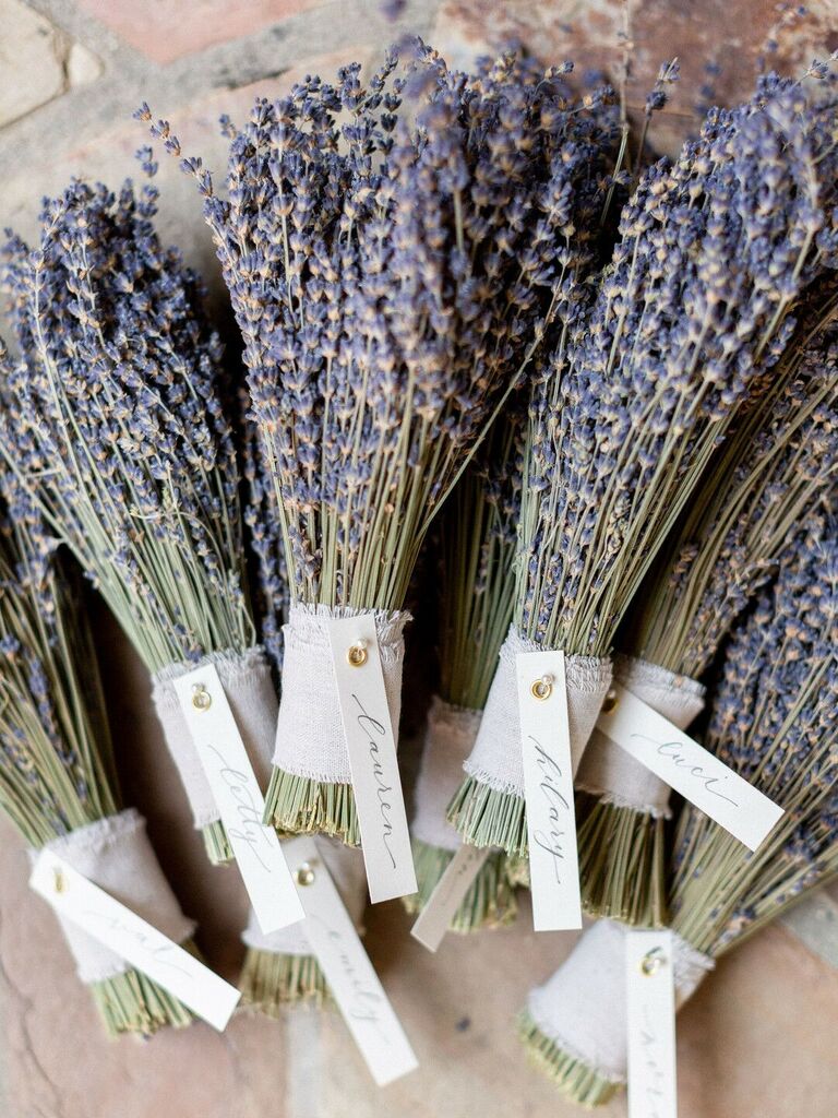 bundles of dried lavender with handwritten name tags