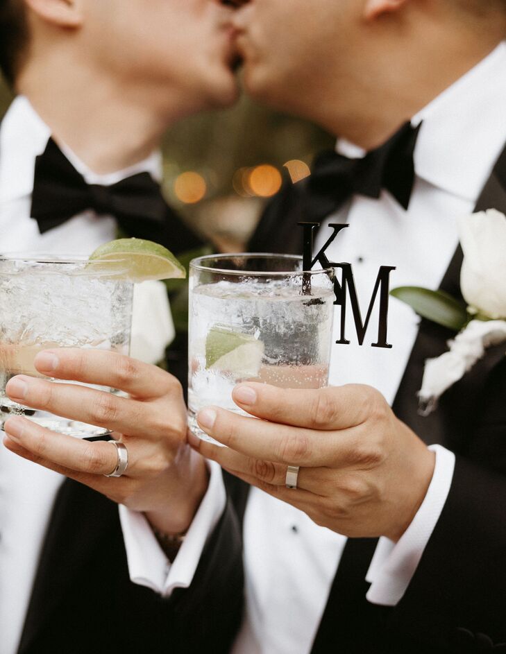 Gin and Tonic Drinks With a Custom Cocktail Ornament With the Grooms' Initials