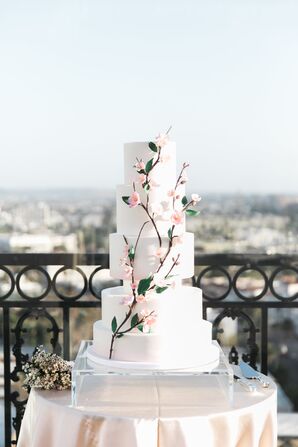 Romantic Wedding Cake with Cherry Blossoms and Fondant