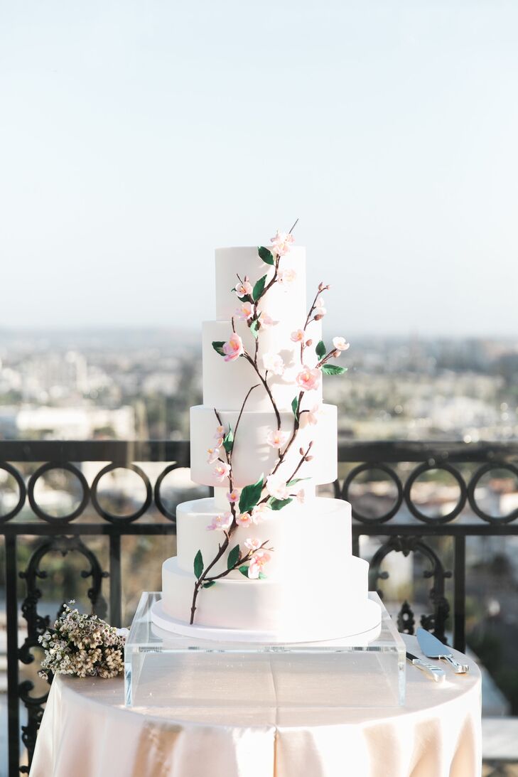 Romantic Wedding Cake with Cherry Blossoms and Fondant