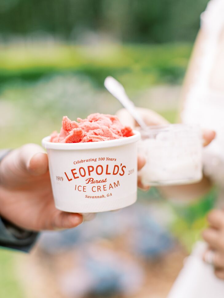 Ice cream and sorbet desserts from Leopold's Purest Ice Cream in Savannah, Georgia, as a couple's dessert served at their garden party wedding.