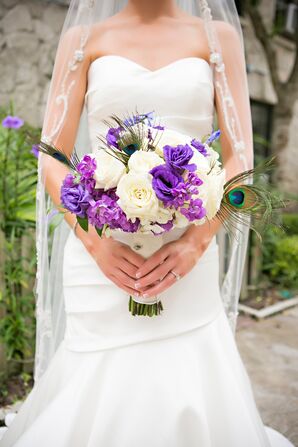 White and Purple Bouquet with Peacock Accents