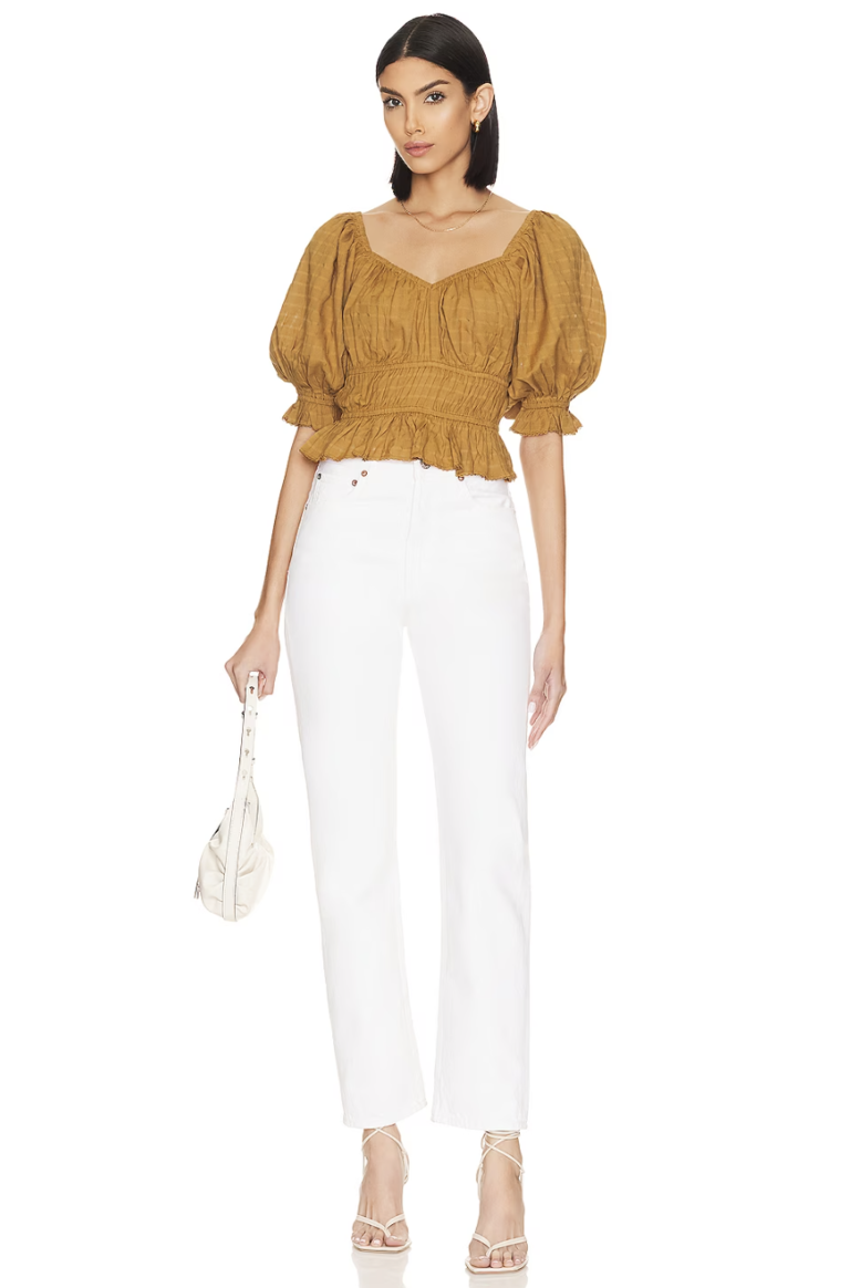 yellow puff sleeve blouse with ruching