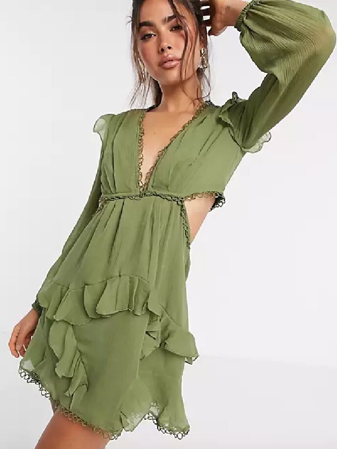 Green long sleeve fall wedding guest dress with back cutouts
