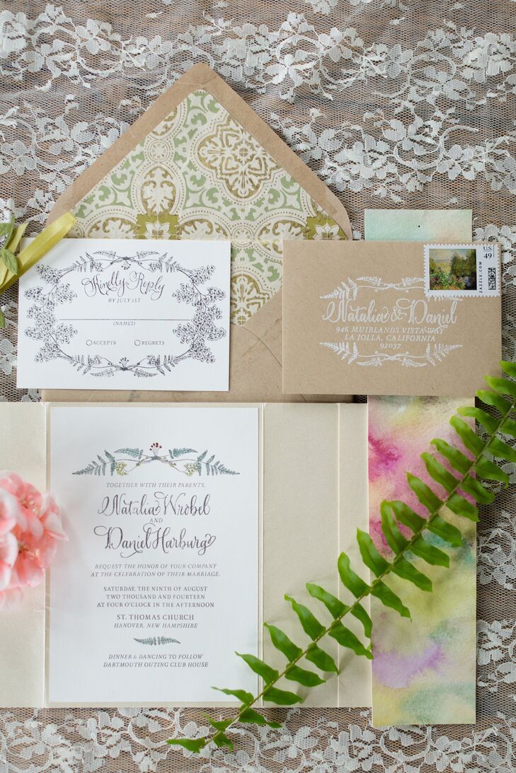Natalia designed all the stationery herself--the invitations featured a hand-watercolored ferns in metallic colors.