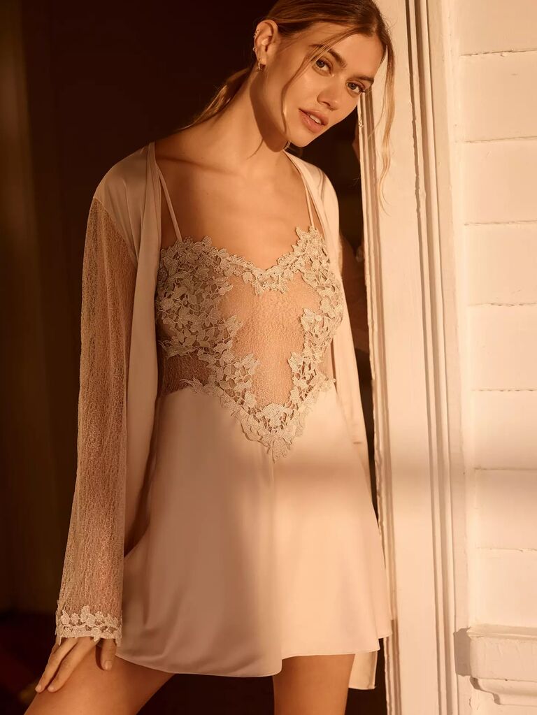 Champagne-colored chemise with a floral lace body from Anthropologie