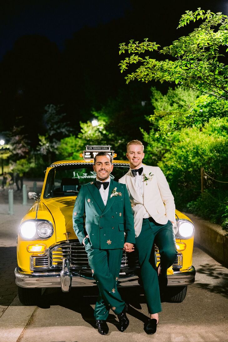 Groom in Emerald Green Tuxedo With Gems, Groom in White-and-Emerald Tux on a Taxi