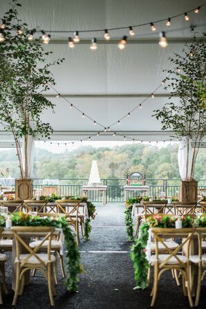 Tented Reception with String Lights and Birch Tree Planters