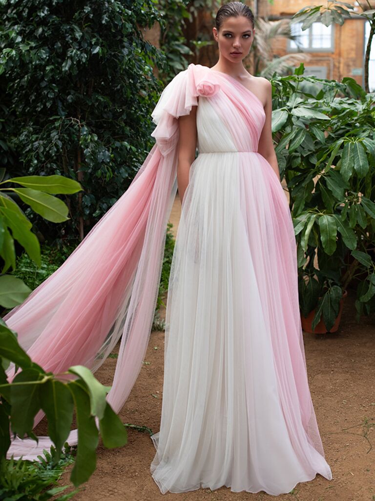 Zac Posen for White One A-line one-shoulder dress with pink tulle