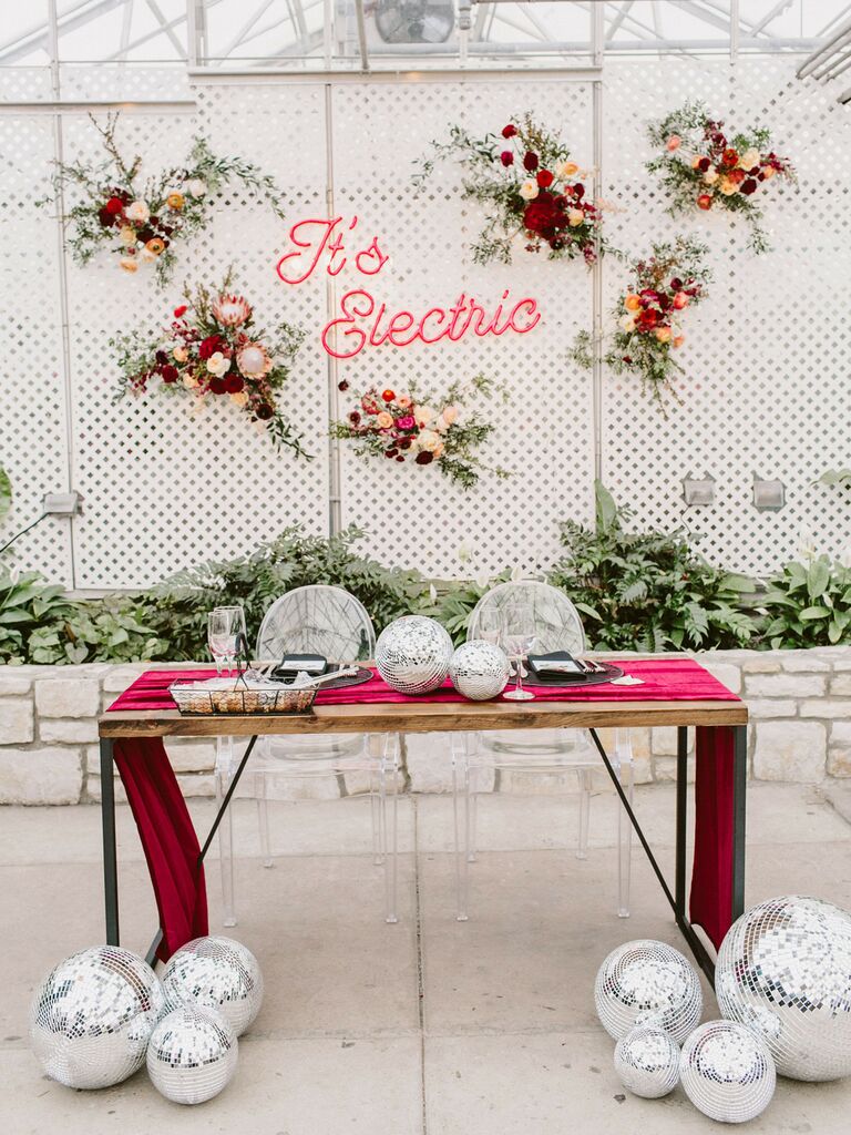 70s themed wedding disco ball decor