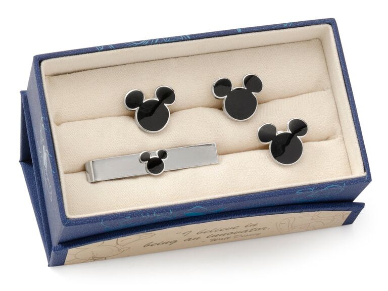 Mickey Mouse head silhouette tie bar, lapel pin, and cufflinks gift set from Cufflinks.com