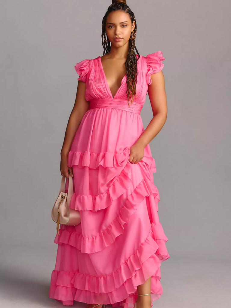 Pink tiered maxi dress with V neck from Mac Duggal