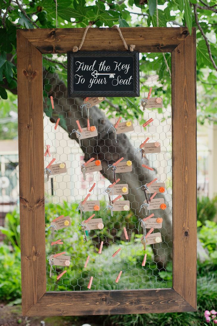 Each brown escort tag hung on the wood-framed wire display. A vintage key dangled from each one, adding some vintage flair to the paper goods.