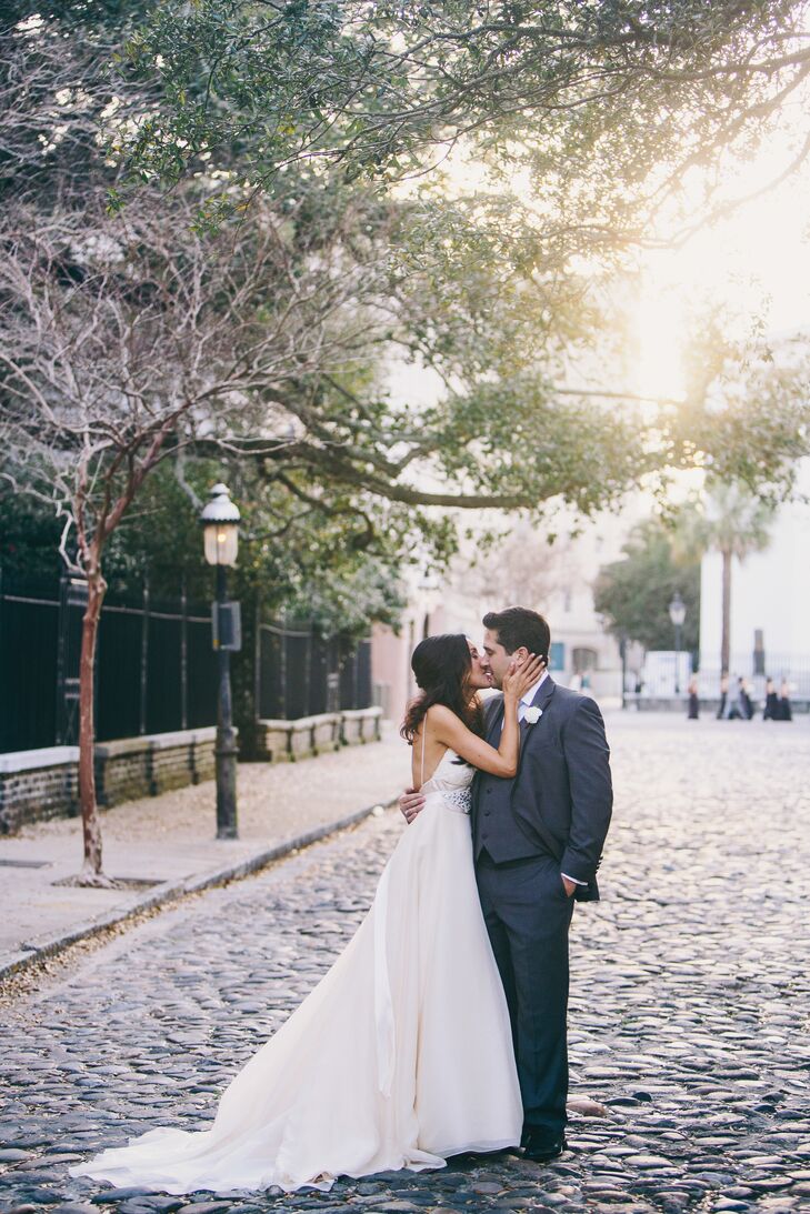 Christina wore a gorgeous blush-and-champagne wedding dress with thin straps and a low back.