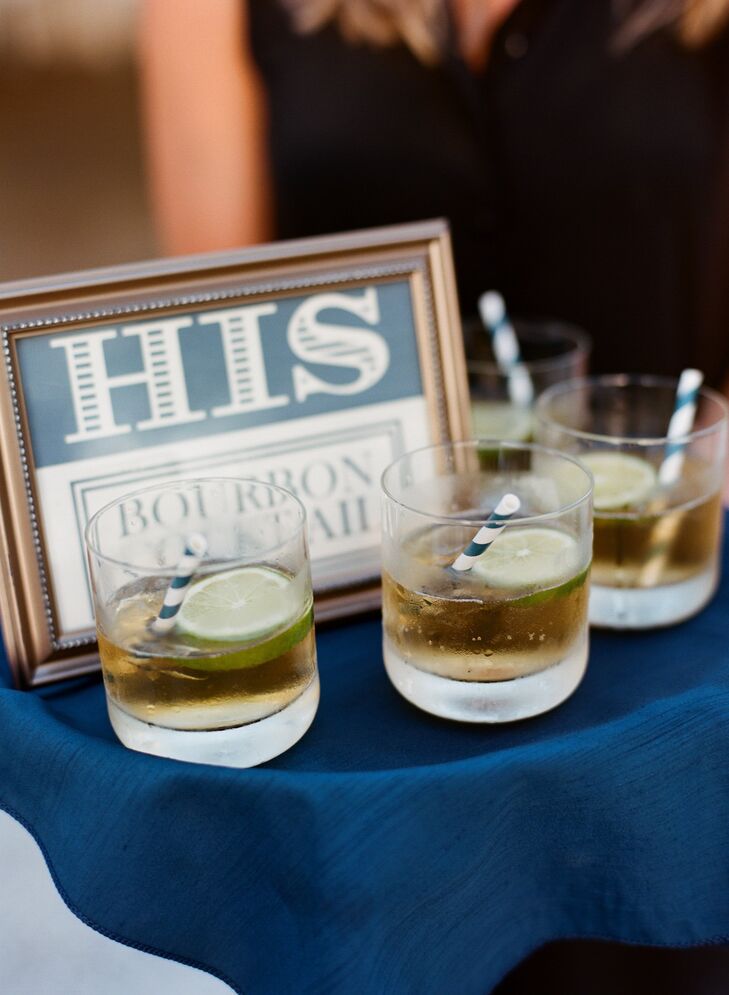 His and hers drinks were passed out to guests during cocktail hour. Bourbon cocktails with fresh slices of lime and navy striped straws were Cal's drink of choice.