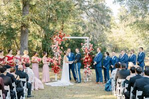 Military Groom and Bride at Ceremony With a Floral Arch, Ombre Bridesmaids