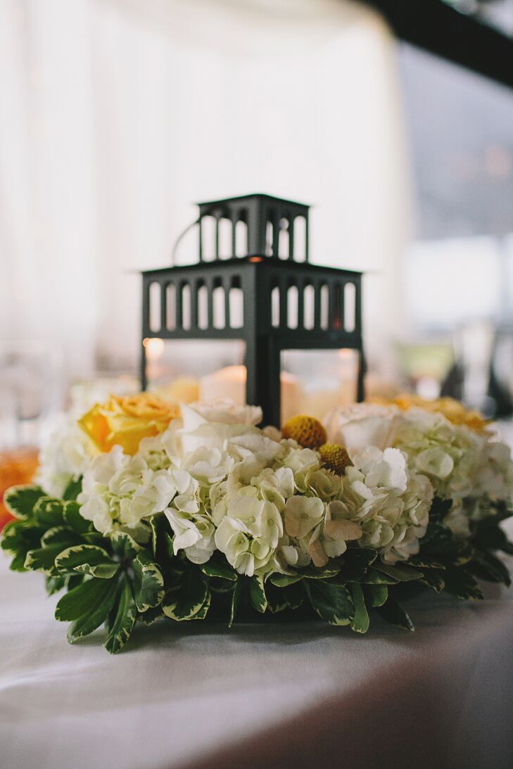 Hydrangea and Rose-Wreathed Lantern Centerpieces