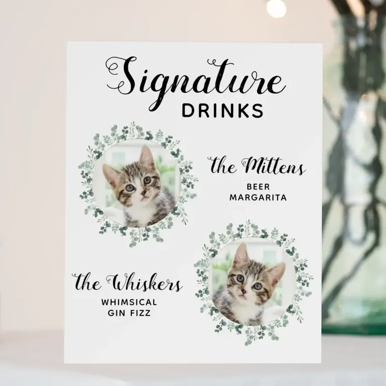 Eucalyptus framed cat picture signature drinks bar sign for wedding