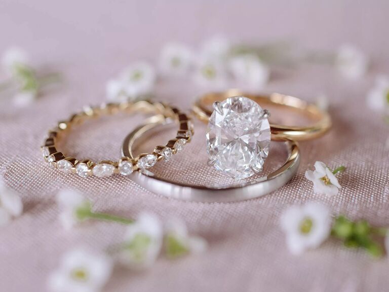 diamond engagement with diamond wedding band and white gold wedding band