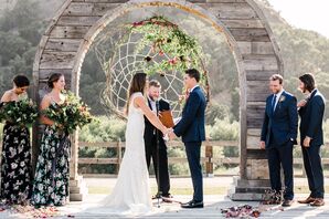 Bohemian Ceremony Setup with Wood Arch and Dream Catcher Backdrop