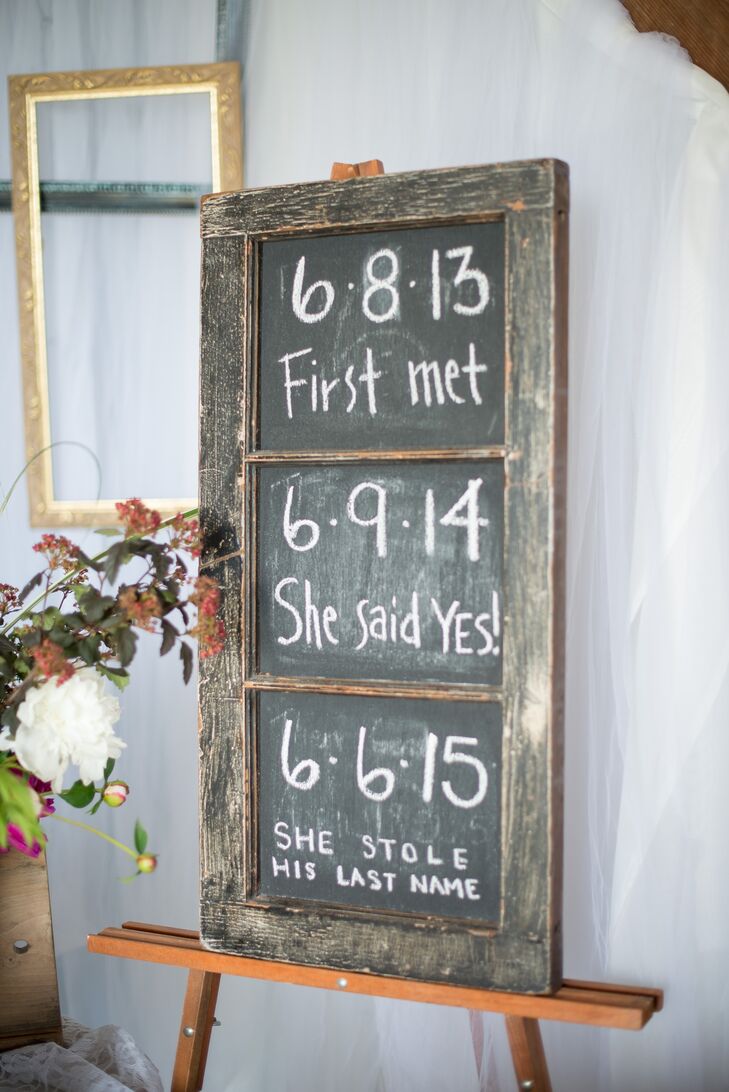 Jennifer and Jeremy married almost exactly two years from their first meeting, which they noted on a chalkboard sign displayed at their reception.