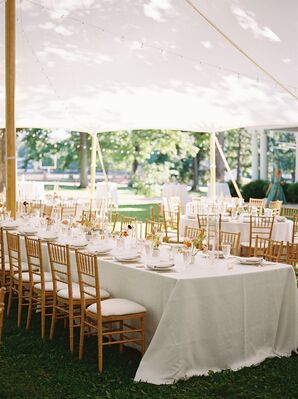 Tented Reception With All-White Tables and Draping, Low Colorful Centerpieces