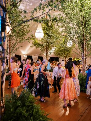 Guests Dancing at Tented, Enchanted Garden Reception Under Trees