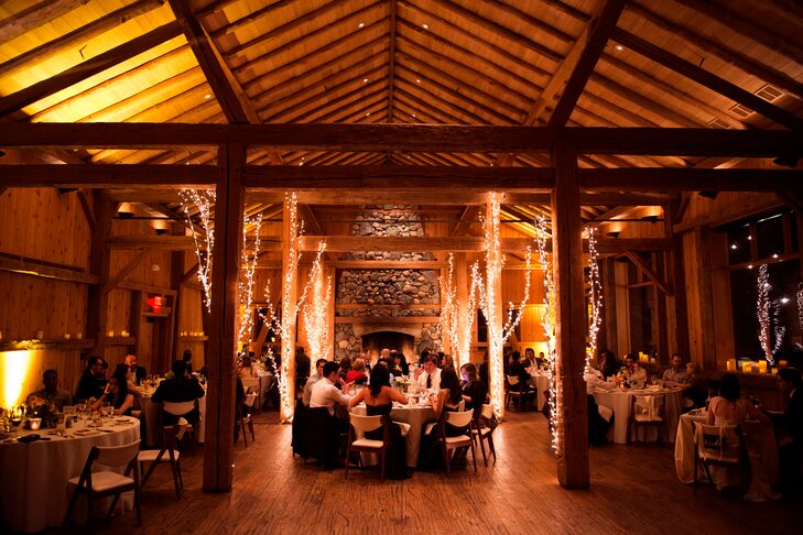 “Achieving the perfect low, romantic lighting was paramount,” Kristen says. “We had trees throughout the barn lit with small white Christmas lights (and the aspens themselves came from my parents' front yard), lots of candles and a roaring fire going throughout the reception at one end of the barn. Every detail was absolutely spot on due to the obsessively perfectionist nature of our fantastic wedding planner, Stacy Pisani of Alexan Events.”