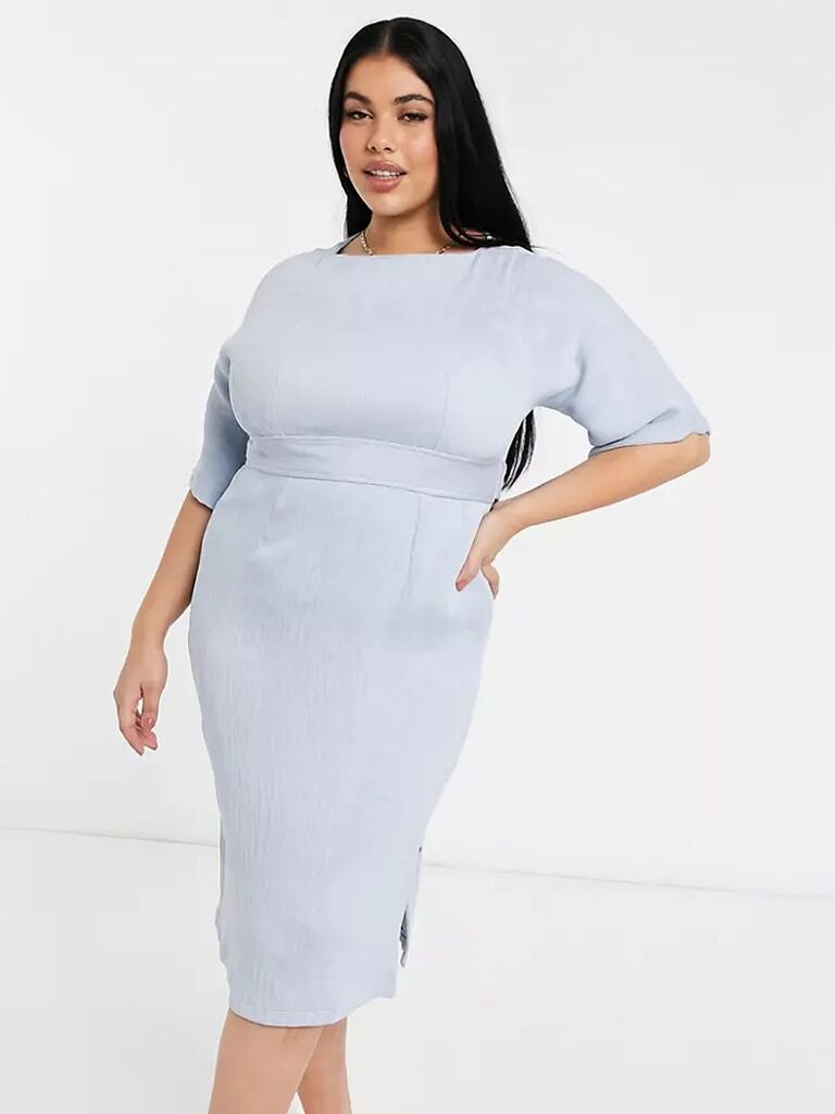 asos light blue pastel midi dress for wedding guests with tie belt and short sleeves