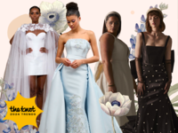 Collage of 2024 Wedding Dress Trends including short dresses, pastel dresses, bows, and black dresses