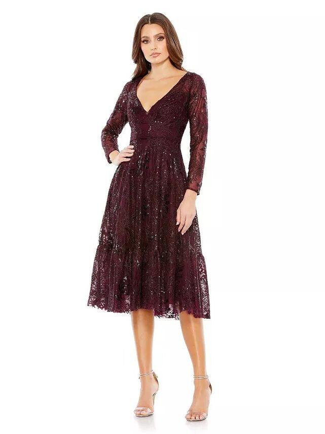A V-neck midi dress with lace and sequins in burgundy from Macy's
