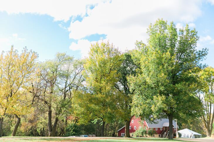 The couple wed at Shepherd's Hill Farm about 40 minutes south of Minneapolis. The venue includes a refurbished barn, farmhouse and grazing pasture that overlook two lakes.